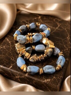 Elegant Blue Marble Resin Beaded Bracelet Set with Gold Accents